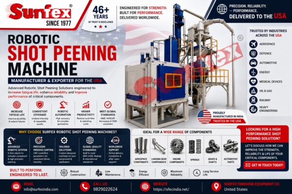 Robotic shot peening machine arm performing controlled compressive stress treatment on an industrial component